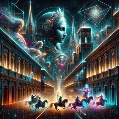 The primary subject of the image is a woman riding a horse, with a sword in her hand. She is surrounded by other people riding horses, creating a dynamic scene. The setting is a cityscape with buildings in the background, and the visual style is a digital art or illustration. The colors and mood of the image are vibrant and energetic, with a focus on action and movement.